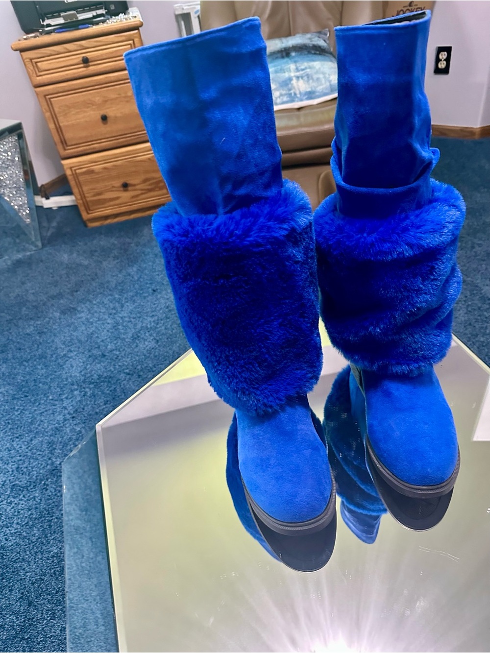 Women's Blue Faux-Fur Suede Mid-Calf Boots